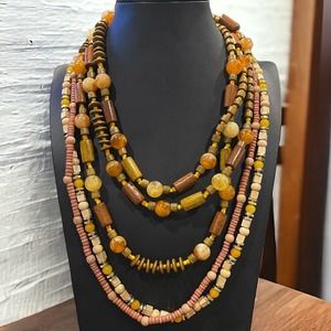 Set Of 3 Boho Style Natural Wood Wooden Necklaces Acrylic Beads Neutral Colors